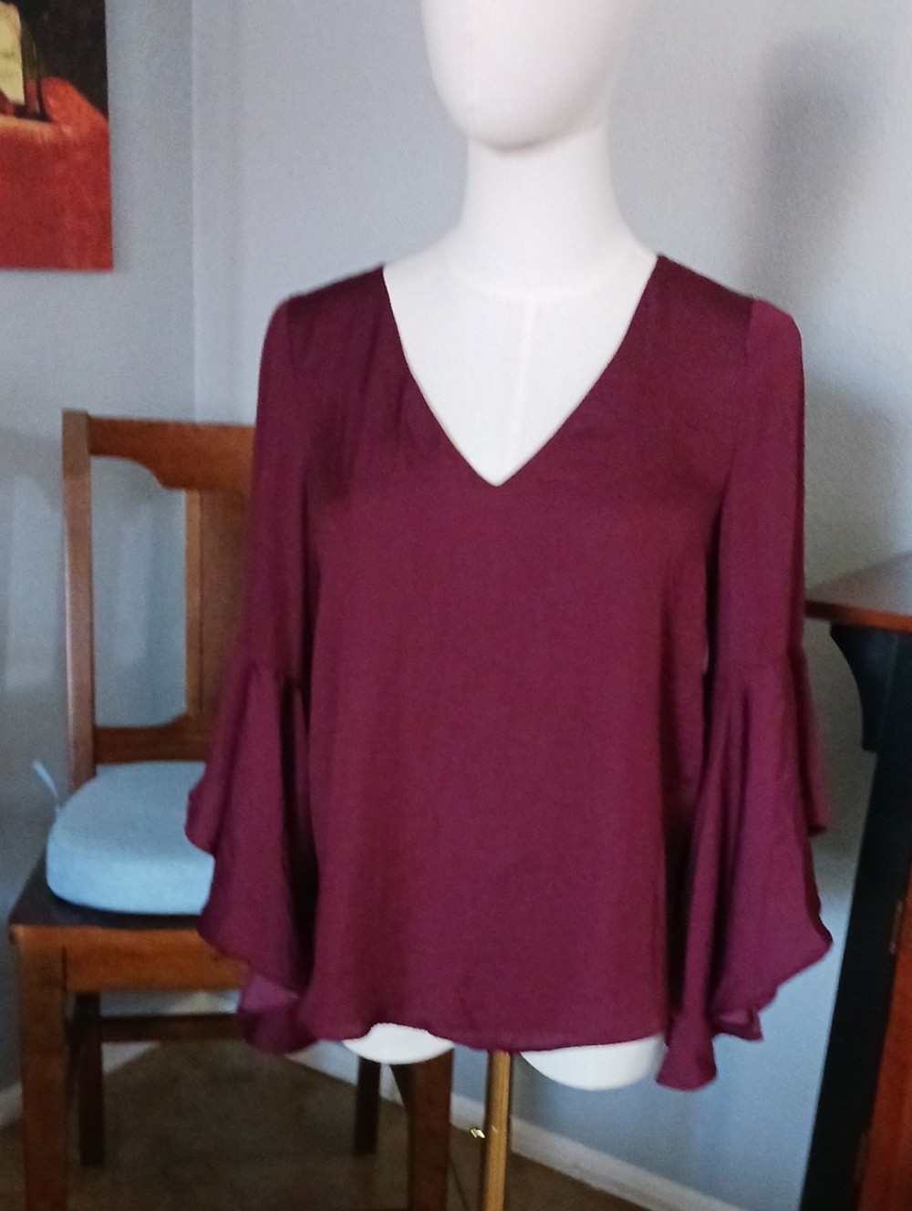 Beautiful V-Neck Bell Sleeve Blouse In A Burgundy Wine With Draped Back